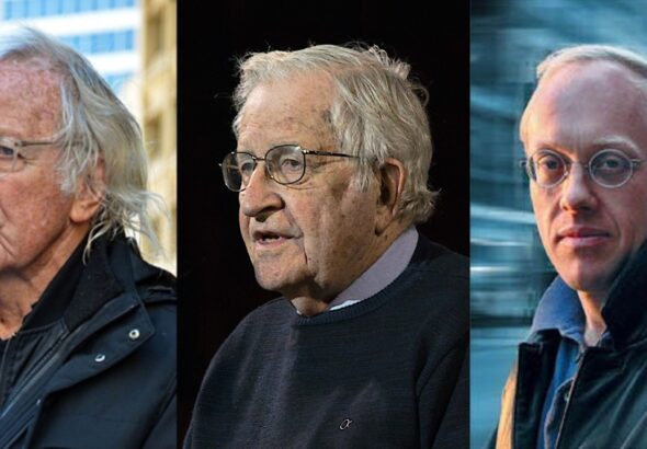 From left to right: John Pilger, Noam Chomsky and Chris Hedges, all three of them have condemned the media propaganda on the war in Ukraine. Photo composition by author.