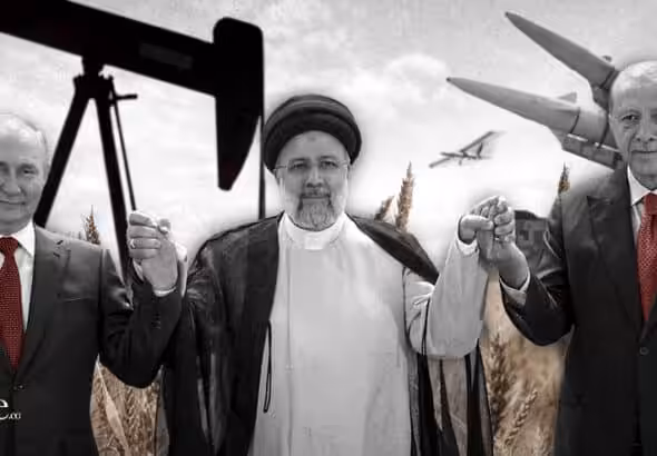 Photo composition showing from left to right Russian President Vladimir Putin, Iran President Ebrahim Raisi and Turkish President Recep Tayyip Erdoğan, in the background an oil well, wheat, missiles and drones. Photo: The Cradle.
