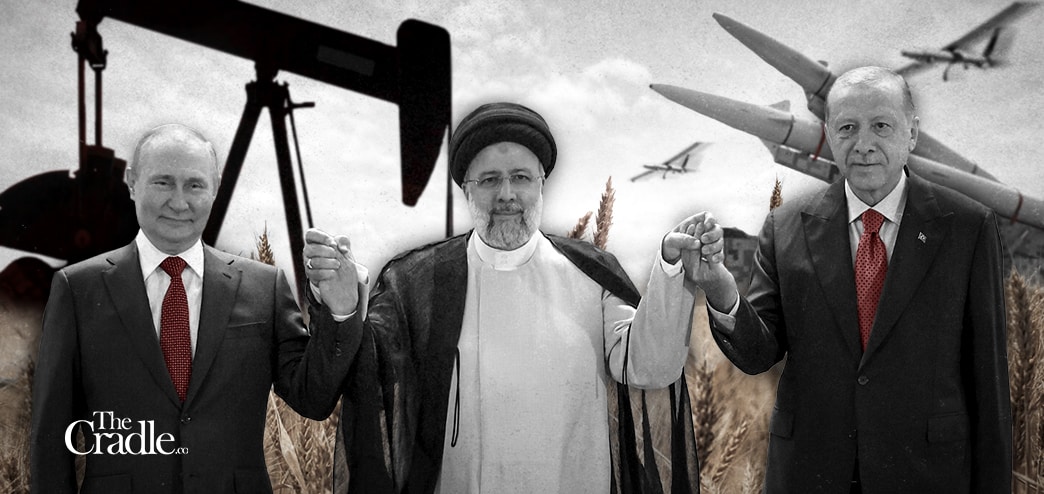 Photo composition showing from left to right Russian President Vladimir Putin, Iran President Ebrahim Raisi and Turkish President Recep Tayyip Erdoğan, in the background an oil well, wheat, missiles and drones. Photo: The Cradle.