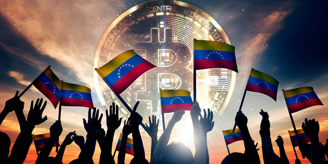 Numerous hands raise the Venezuelan flag, with the Bitcoin symbol in the background, representing the widespread use of cryptocurrencies in Venezuela. Photo: CriptoNoticias.