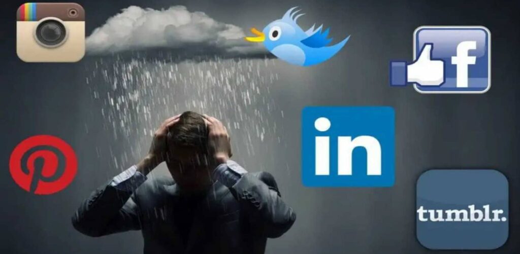 Person with a dark cloud pouring rain only over his head, accompanied with social media platform logos. File photo