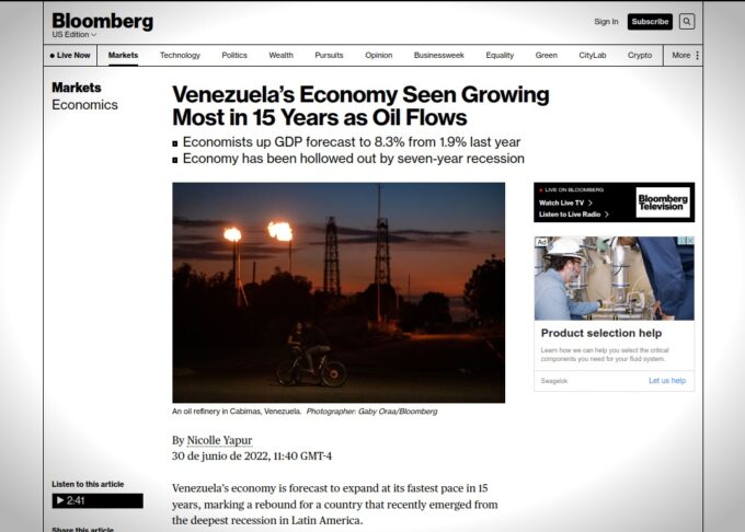 Screenshot of the latest Bloomberg article on Venezuela's economic recovery. Photo: Alba Ciudad.