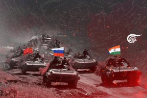 Photo composition of a line of tanks adding the Russian, Chinese and Indian flags to the front tanks. Photo: Al Mayadeen English.