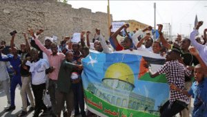 Somalis protest US president Donald Trump’s decision to move the US embassy to Jerusalem in 2018. Photo: Sadak Mohamed – Anadolu Agency.
