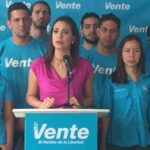 María Corina Machado speaking surrounded by members of her political organization. File photo.