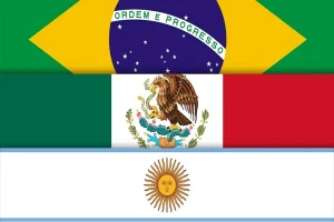 Photo composition showing the flags of Brazil, Mexico and Argentina. Photo: Andrew Korybko's Newsletter.