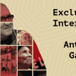 Photo composition showing ELN’s Antonio Garcia mixed with images of Colombian campesinos and indigenous people, and the ELN flag. To the right it can be read: “Interview with Antonio Garcia.” Photo: Peoples Dispatch.