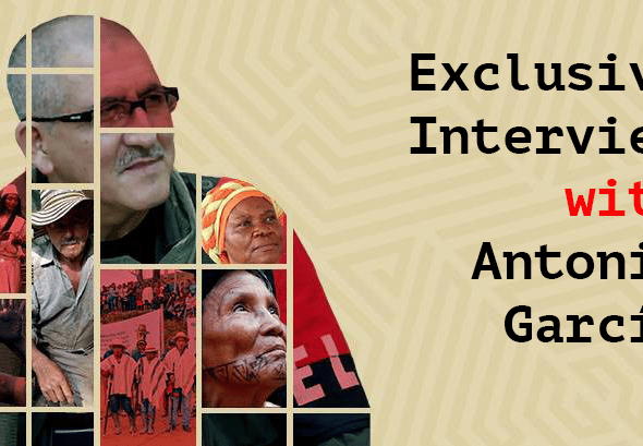 Photo composition showing ELN’s Antonio Garcia mixed with images of Colombian campesinos and indigenous people, and the ELN flag. To the right it can be read: “Interview with Antonio Garcia.” Photo: Peoples Dispatch.