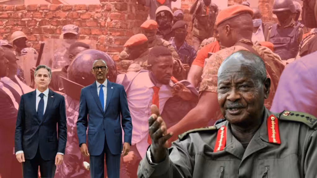 On left: U.S. Secretary of State Antony Blinken with Rwandan President Paul Kagame. On right: Ugandan President Yoweri Museveni. Background: National Unity Platform presidential candidate Bobi Wine. Toward Freedom. File photo.