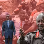 On left: U.S. Secretary of State Antony Blinken with Rwandan President Paul Kagame. On right: Ugandan President Yoweri Museveni. Background: National Unity Platform presidential candidate Bobi Wine. Toward Freedom. File photo.