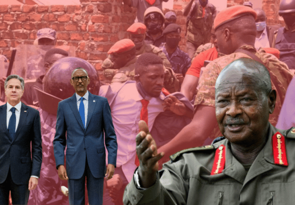 On left: U.S. Secretary of State Antony Blinken with Rwandan President Paul Kagame. On right: Ugandan President Yoweri Museveni. Background: National Unity Platform presidential candidate Bobi Wine. Toward Freedom. File photo.