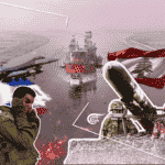 Photo composition showing an offshore oil platform next to a firefighter jet, the Lebanese flag, a rocket launcher and a soldier. Photo: Al Mayadeen.