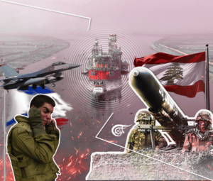 Photo composition showing an offshore oil platform next to a firefighter jet, the Lebanese flag, a rocket launcher and a soldier. Photo: Al Mayadeen.