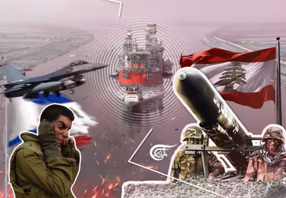 Photo composition showing an offshore oil platform next to a firefighter jet, the Lebanese flag, a rocket launcher and a soldier. Photo: Al Mayadeen.