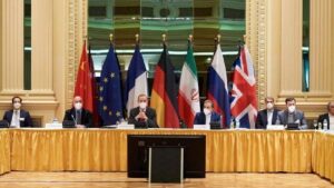 Representatives of the EU (L) and Iran (R) attend the Iran nuclear talks at the Grand Hotel in Vienna, Austria, on April 06, 2021. Photo: Getty Images.