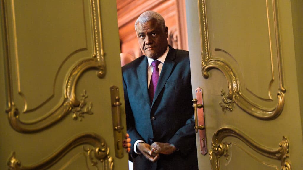 African Union Commission Chairman Moussa Faki Mahamat during a news conference following talks with Russian Foreign Minister Sergei Lavrov at the Russian Foreign Ministry’s Reception House. Photo: Dmitry Lebedev/Kommersant/Sipa via AP Images.