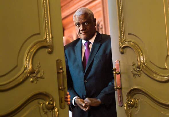 African Union Commission Chairman Moussa Faki Mahamat during a news conference following talks with Russian Foreign Minister Sergei Lavrov at the Russian Foreign Ministry’s Reception House. Photo: Dmitry Lebedev/Kommersant/Sipa via AP Images.