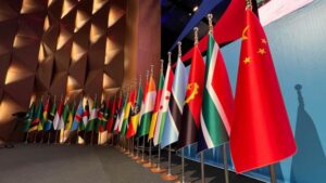 Flags of China and African countries on the stage of the Forum on China-Africa Cooperation. File photo.