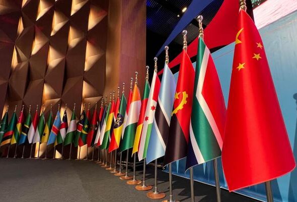 Flags of China and African countries on the stage of the Forum on China-Africa Cooperation. File photo.