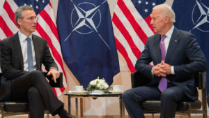 NATO Secretary General Jens Stoltenberg (left) and US President Joe Biden (right) in a meeting. File photo.