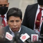 Peruvian President Pedro Castillo speaks to the press after Congress refused to authorize his trip to Colombia to attend the inauguration ceremony of Gustavo Petro. Photo: Britanie Arroyo.