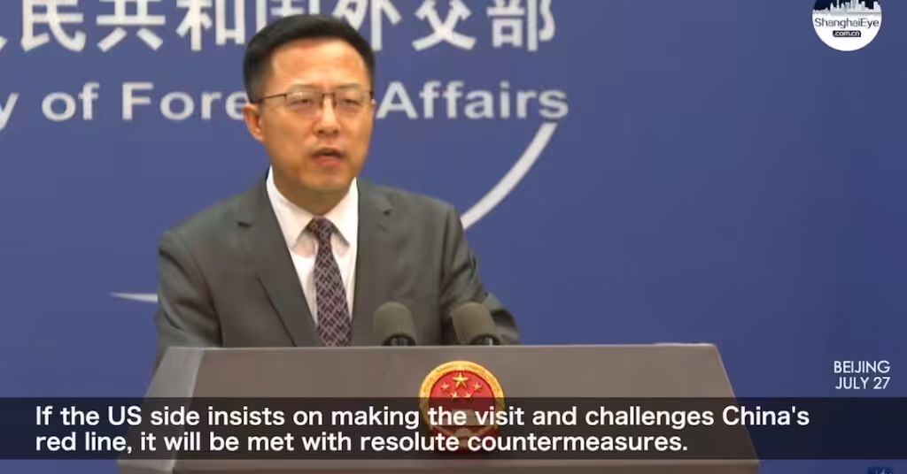 Chinese Foreign Ministry spokesperson Zhao Lijian issues warnings as US House Speaker Nancy Pelosi is set to visit Taiwan. Screenshot from Shanghai Eye program.