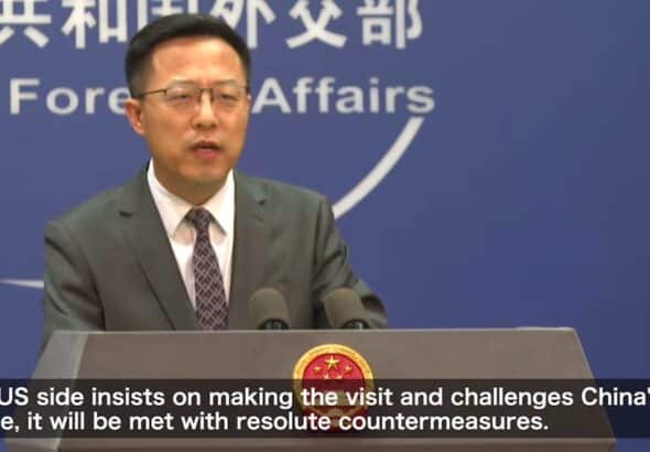 Chinese Foreign Ministry spokesperson Zhao Lijian issues warnings as US House Speaker Nancy Pelosi is set to visit Taiwan. Screenshot from Shanghai Eye program.