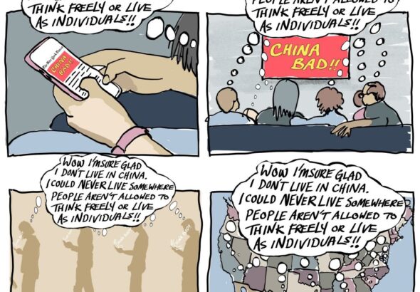 Cartoon showing the Western conformity of thought against China. Photo: Caitlin Johnstone.