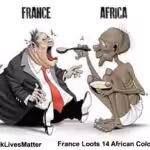 Caricature showing two men, a very skinny African feeding an obese Frenchman. File photo.