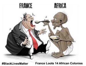 Caricature showing two men, a very skinny African feeding an obese Frenchman. File photo.