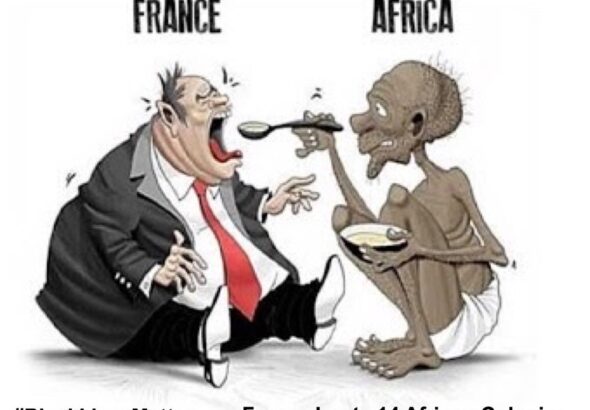 Caricature showing two men, a very skinny African feeding an obese Frenchman. File photo.
