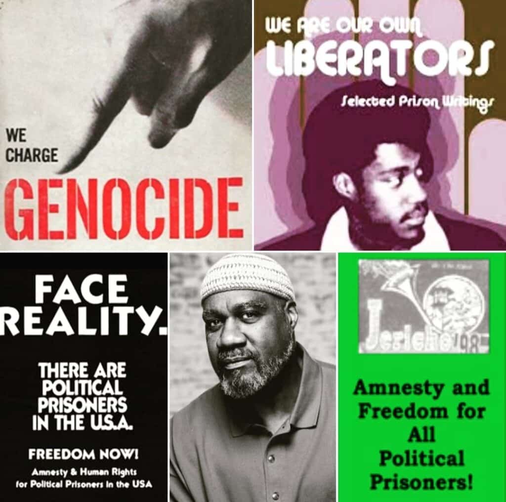 Photographic composition showing some US political prisoners in five boxes that read: “We charge genocide,” “We are our own chosen liberators prison writings,” “Face reality: there are political prisoners in the United States,” “Anesthesia and freedom for all political prisoners.” Photo: newblackmaninexile.net.