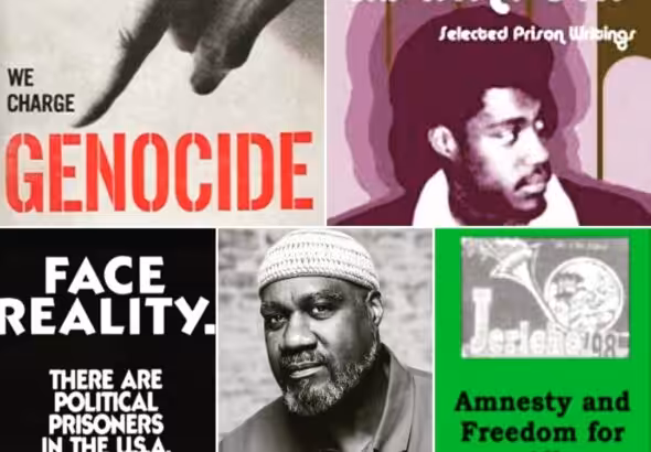 Photographic composition showing some US political prisoners in five boxes that read: “We charge genocide,” “We are our own chosen liberators prison writings,” “Face reality: there are political prisoners in the United States,” “Anesthesia and freedom for all political prisoners.” Photo: newblackmaninexile.net.