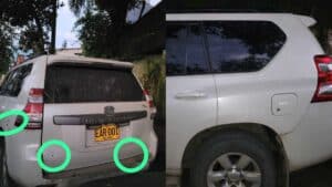 Evidence of gunshots on an SUV in Petro's staff motorcade. Photo: Colombian Army.