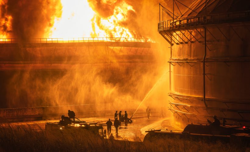 Firefighters try to control the flames in a fuel tank during the early hours of Saturday, August 6, in Matanzas, Cuba. Photo: Twitter/@BrunoRguezP