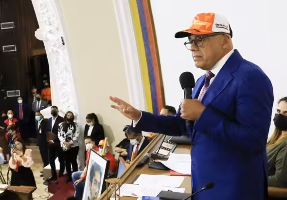 Venezuela's National Assembly President Jorge Rodríguez during a debate about Argentina and Washington's attempt to rob another Venezuelan asset, the Boeing 747-300 belonging to cargo company EMTRASUR. Photo: HispanTV.