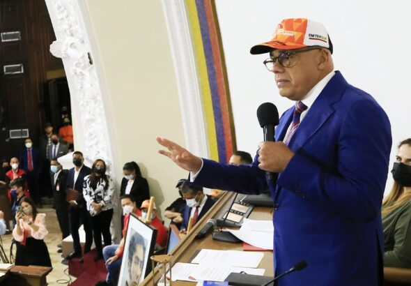 Venezuela's National Assembly President Jorge Rodríguez during a debate about Argentina and Washington's attempt to rob another Venezuelan asset, the Boeing 747-300 belonging to cargo company EMTRASUR. Photo: HispanTV.