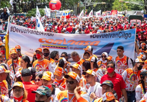 Conviasa workers marching in Caracas demanding the return of the EMTRASUR jumbo jet controversially grounded by Argentina, August 9, 2022. Photo: Twitter/@laradiodelsur.