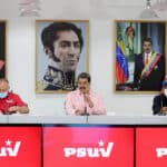 President Nicolás Maduro chairing a PSUV press conference, next to Deputy Diosdado Cabello and Jorge Rodriguez. Photo: Presidential Press.