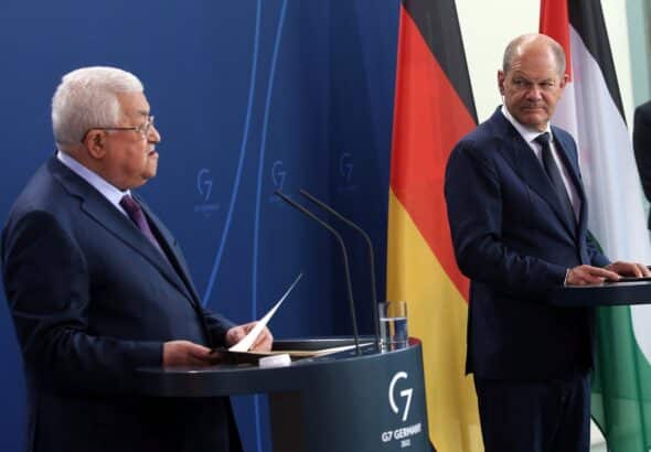 German Chancellor Olaf Scholz, right, with Palestinian Authority leader Mahmoud Abbas, at a press conference in Berlin on 16 August. Photo: Wolfgang KummDPA.