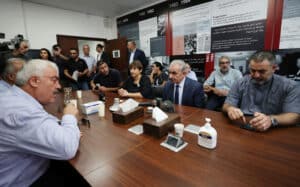 Palestinian Authority Prime Minister Mohammad Shtayyeh pays solidarity visit to a Palestinian rights group shut by Israel in the West Bank city of Ramallah on August 18, 2022. Photo: Shadi Hatem/APA Images