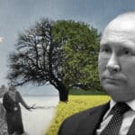 Photo composition showing Russian President Vladimir Putin next to images of a tree divided in two parts, one colorful (to the right) spring style next to a pipeline and the other half (to the left) black and with a winter season tone showing the tree branches without leaves, people struggling walking on a frozen road and the European Union flag in the background. Photo: The Cradle.