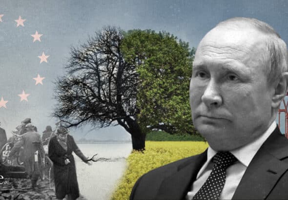 Photo composition showing Russian President Vladimir Putin next to images of a tree divided in two parts, one colorful (to the right) spring style next to a pipeline and the other half (to the left) black and with a winter season tone showing the tree branches without leaves, people struggling walking on a frozen road and the European Union flag in the background. Photo: The Cradle.