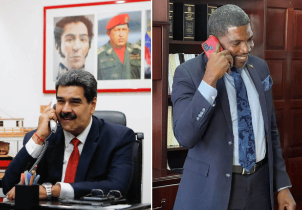 Venezuelan President Nicolás Maduro (left) and prime minister of Saint Kitts and Nevis, Terrance Drew (right) speaking on the phone. Photo: Twitter/@NicolasMaduro.
