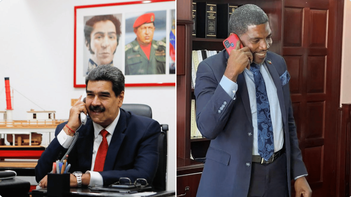 Venezuelan President Nicolás Maduro (left) and prime minister of Saint Kitts and Nevis, Terrance Drew (right) speaking on the phone. Photo: Twitter/@NicolasMaduro.