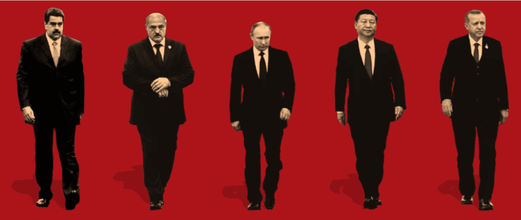 An illustration by Oliver Munday for Anne Applebaum's 2021 article titled The Bad Guys Are Winning, which featured on the cover of The Atlantic. The illustration shows, from left to right, full body images of the following presidents Nicolás Maduro (Venezuela), Alexander Lukashenko (Belarus), Vladimir Putin (Russia), Xi Jinping (China) and Recep Tayyip Erdoğan (Turkiye); all dressed like mob bosses in black suits. Photo: The Atlantic.