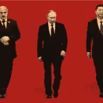 An illustration by Oliver Munday for Anne Applebaum's 2021 article titled The Bad Guys Are Winning, which featured on the cover of The Atlantic. The illustration shows, from left to right, full body images of the following presidents Nicolás Maduro (Venezuela), Alexander Lukashenko (Belarus), Vladimir Putin (Russia), Xi Jinping (China) and Recep Tayyip Erdoğan (Turkiye); all dressed like mob bosses in black suits. Photo: The Atlantic.