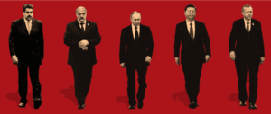 An illustration by Oliver Munday for Anne Applebaum's 2021 article titled The Bad Guys Are Winning, which featured on the cover of The Atlantic. The illustration shows, from left to right, full body images of the following presidents Nicolás Maduro (Venezuela), Alexander Lukashenko (Belarus), Vladimir Putin (Russia), Xi Jinping (China) and Recep Tayyip Erdoğan (Turkiye); all dressed like mob bosses in black suits. Photo: The Atlantic.