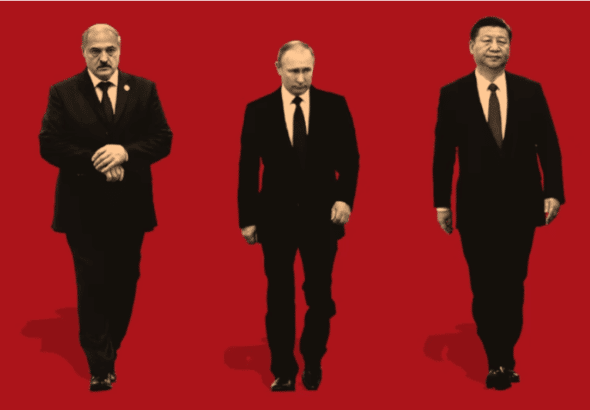 An illustration by Oliver Munday for Anne Applebaum's 2021 article titled The Bad Guys Are Winning, which featured on the cover of The Atlantic. The illustration shows, from left to right, full body images of the following presidents Nicolás Maduro (Venezuela), Alexander Lukashenko (Belarus), Vladimir Putin (Russia), Xi Jinping (China) and Recep Tayyip Erdoğan (Turkiye); all dressed like mob bosses in black suits. Photo: The Atlantic.