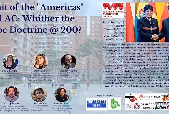 Flyer inviting to the webinar "Summit of the 'Americas" vs. CELAC: Whither the Monroe Doctrine @200?" Photo: IMG.